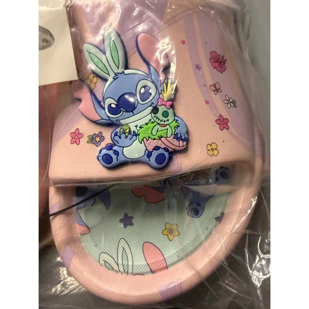 Disney‎ Stitch Purple Kids Slide Sandals 3D Bunny Ear Charm Ground Up Size 4-5